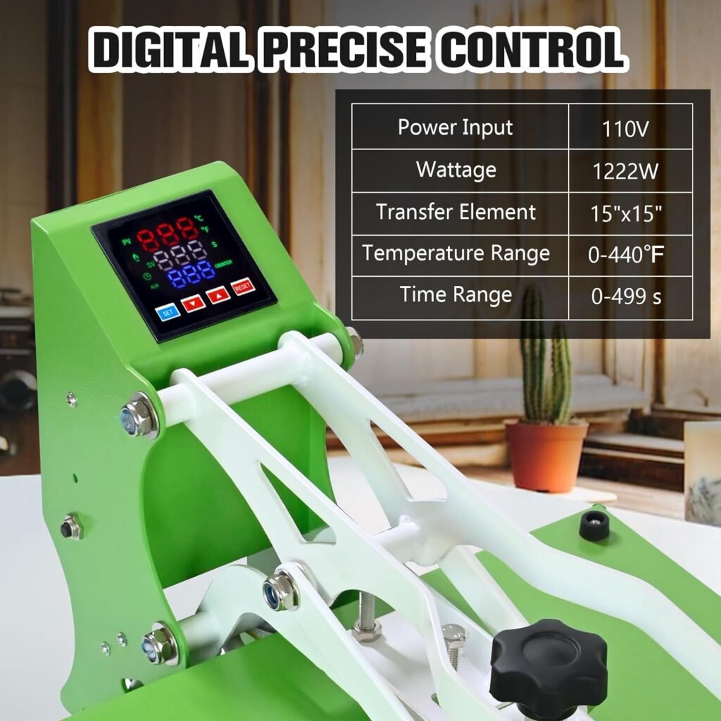 ColorSub Heat Press Machine for T-Shirt 15x15, Digital Industrial Quality Heat Press Machine Clamshell Transfer Sublimation Print Press Machine Green