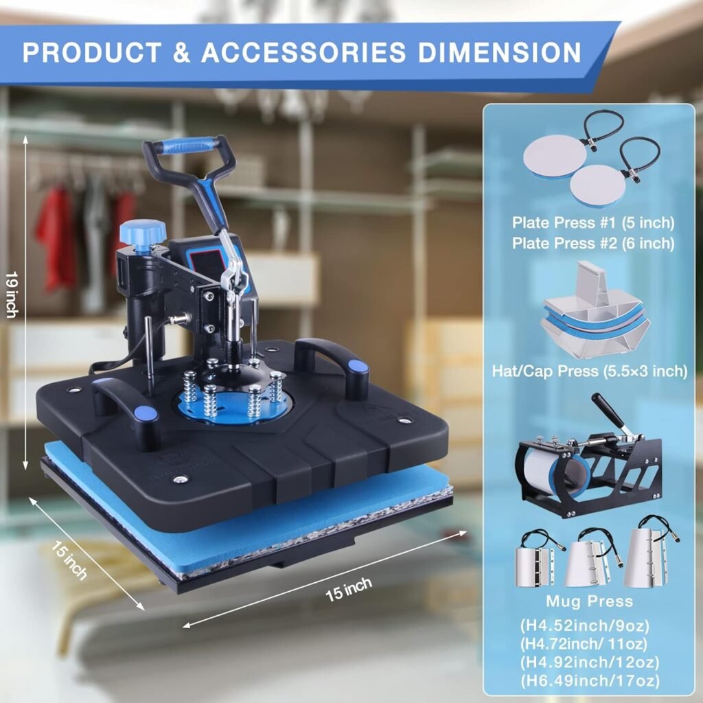 HORGELU Upgraded 5 in 1 Heat Press Machine 15x15 Inch Heat Transfer Machine 360-Degree Swing Away Multifunction Digital Sublimation Combo Heat Press for T Shirt Mug Hat Plate for Commercial Home 110V
