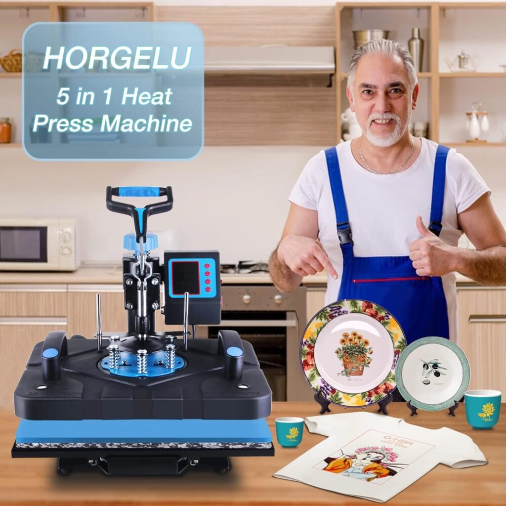 HORGELU Upgraded 5 in 1 Heat Press Machine 15x15 Inch Heat Transfer Machine 360-Degree Swing Away Multifunction Digital Sublimation Combo Heat Press for T Shirt Mug Hat Plate for Commercial Home 110V