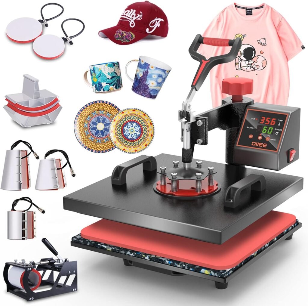 OIIEE Heat Press Machine 5 in 1 Combo Heat Press 12 x 15 Inch Heat Transfer Machine 360-Degree Swing Away Digital Shirt Printing Multifunction Heat Transfer Sublimation for T Shirts Mugs Hat Plate Cap