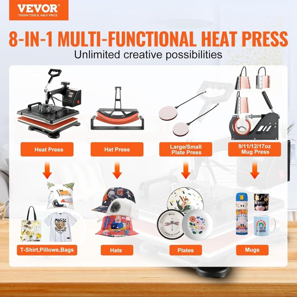 VEVOR 2 in 1 Heat Press Machine 15x15 Inch, 360° Swing Away Digital Tshirt Press Machine, Clamshell Heat Transfer Sublimation for Printing T-Shirt Hat Cap Pillow Bag