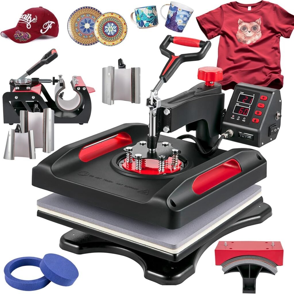 VEVOR Heat Press Machine 8 in 1 Combo 15x15 Inch, 360° Swing Away Digital Tshirt Press Machine, Clamshell Sublimation Heat Press for Printing T-Shirt Hat Mug Plate Vinyl, Heat Transfer Projects