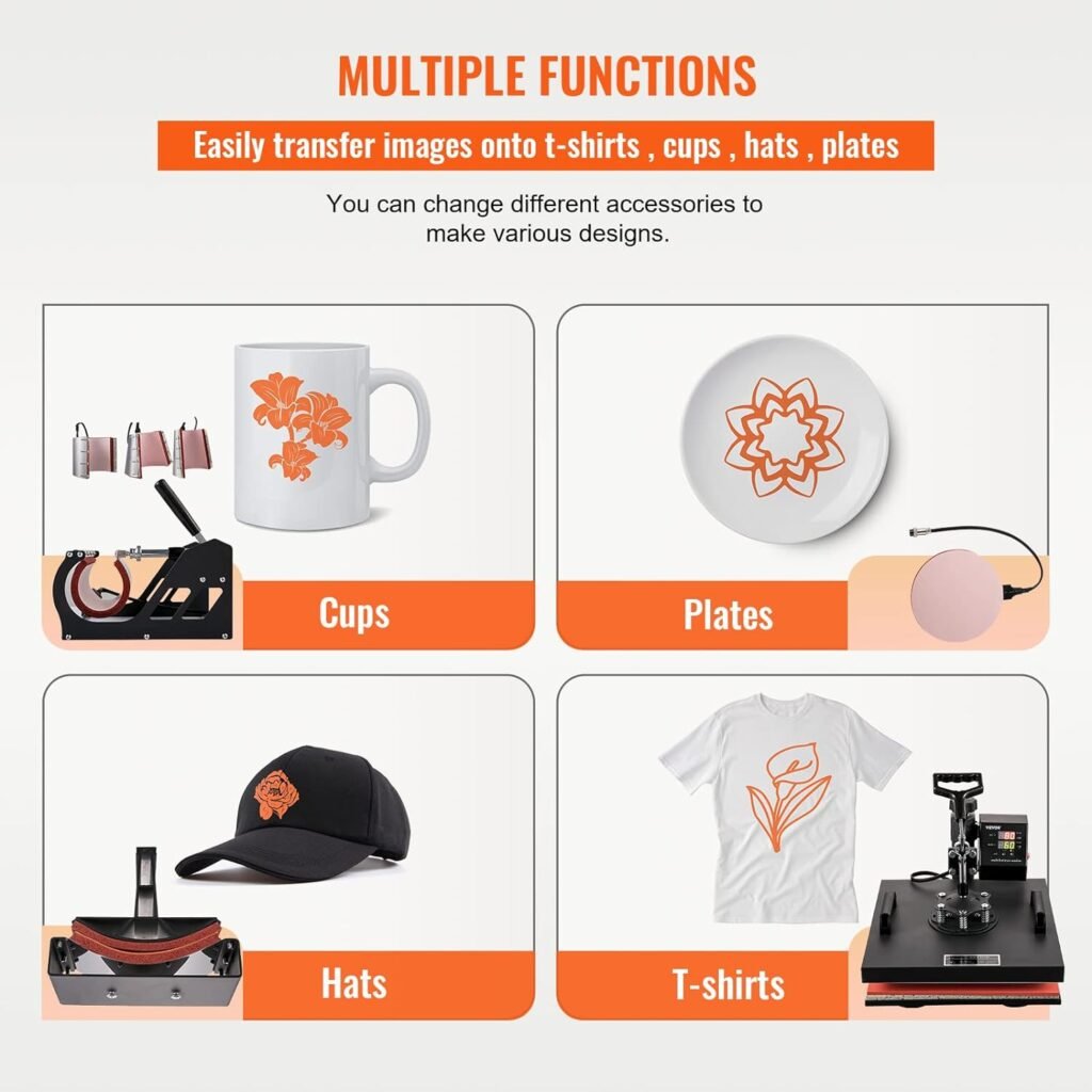 VEVOR Heat Press Machine 8 in 1 Combo Heat Press 15x15 Inch Heat Transfer Machine 360-Degree Swing Away Digital Shirt Printing Multifunction Heat Transfer Sublimation for T Shirts Mugs Hat Plate Cap