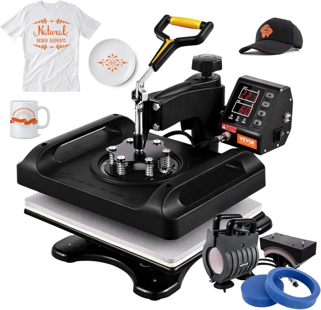 VEVOR Pro Heat Press Machine, 12 x 15 Inches, Fast Heating, 5 in 1 Combo 360 Swing Away Digital Sublimation T-Shirt Vinyl Transfer Printer with Anti-Scald Surface, Hat, Mug, Plate, ETL Listed, Black