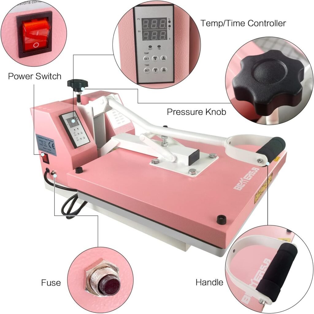 BetterSub Print T-Shirt Machine DIY Digital Industrial Quality Heat Press Machine Clamshell Transfer Sublimation Print Press Machine 15‘’x 15 Pink