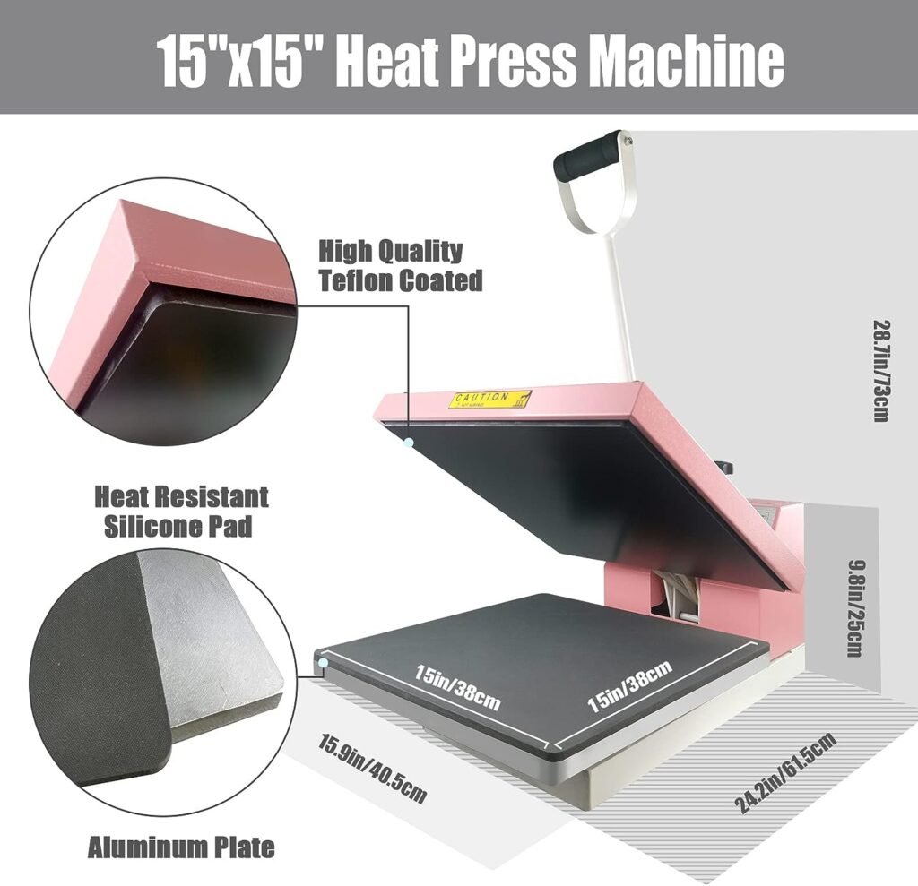 BetterSub Print T-Shirt Machine DIY Digital Industrial Quality Heat Press Machine Clamshell Transfer Sublimation Print Press Machine 15‘’x 15 Pink