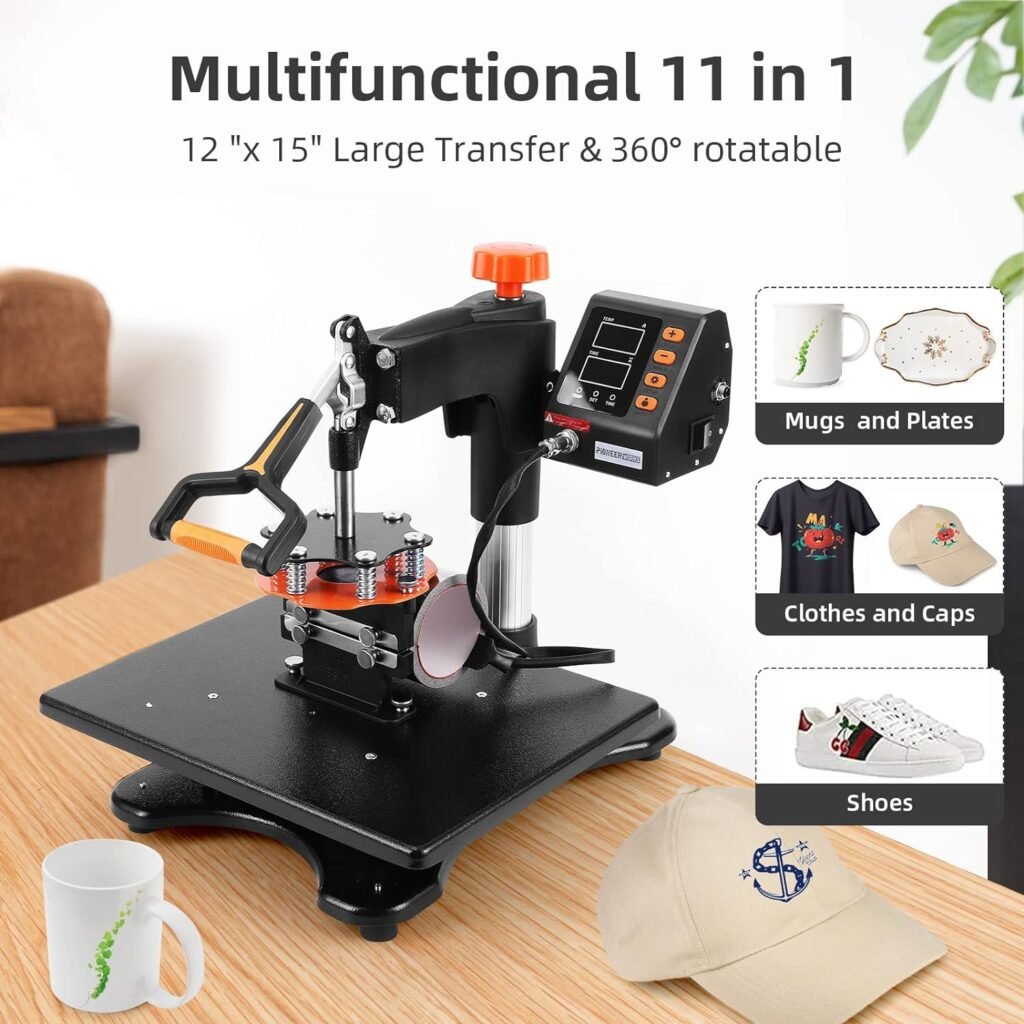 PIONEERWORKS Heat Press Machine 11 in 1 Professional Sublimation Machine 12 X 15, 360° Swing Away Shirt Printing Heat Transfer Machine Digital Industrial-Quality Shirt Pressing Machine, Orange