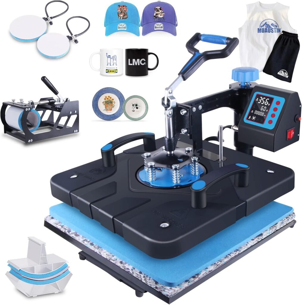 Upgraded 5 in 1 Heat Press Machine 15x15 Inch Heat Transfer Machine 360-Degree Swing Away Multifunction Digital Sublimation Combo Heat Press for T Shirt Mug Hat Plate for Commercial Home 110V