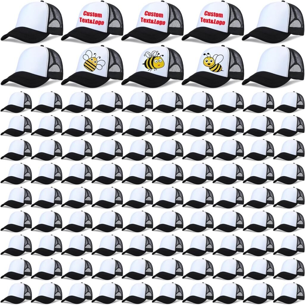 100 Pcs Unisex Sublimation Blank Mesh Baseball Cap Adjustable Plain Blank Mesh Trucker Hat for DIY Embroidery Sublimation Printing Black and White