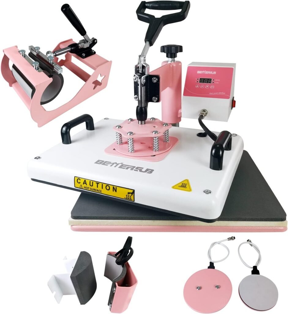 BetterSub Heat Press 12‘’ x15‘’ Combo 5 in 1 Heat Press Machine for T-Shirt Mug Hat Plate Cap Pattern Printing Heat Transfer Digital Industrial-Quality Sublimation Machine 360 Degree Swivel Pink White