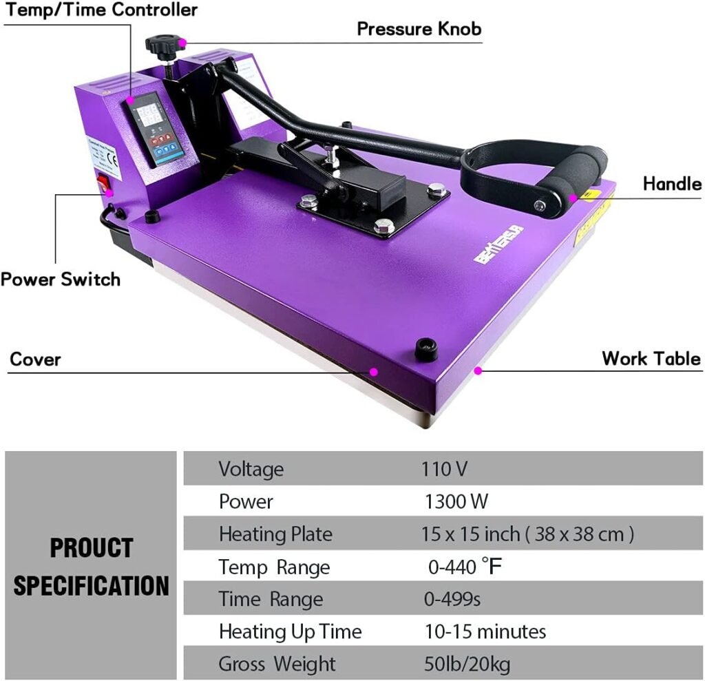 BetterSub Print T-Shirt Machine DIY Digital Industrial Quality Heat Press Machine Clamshell Transfer Sublimation Print Press Machine 15‘’x15