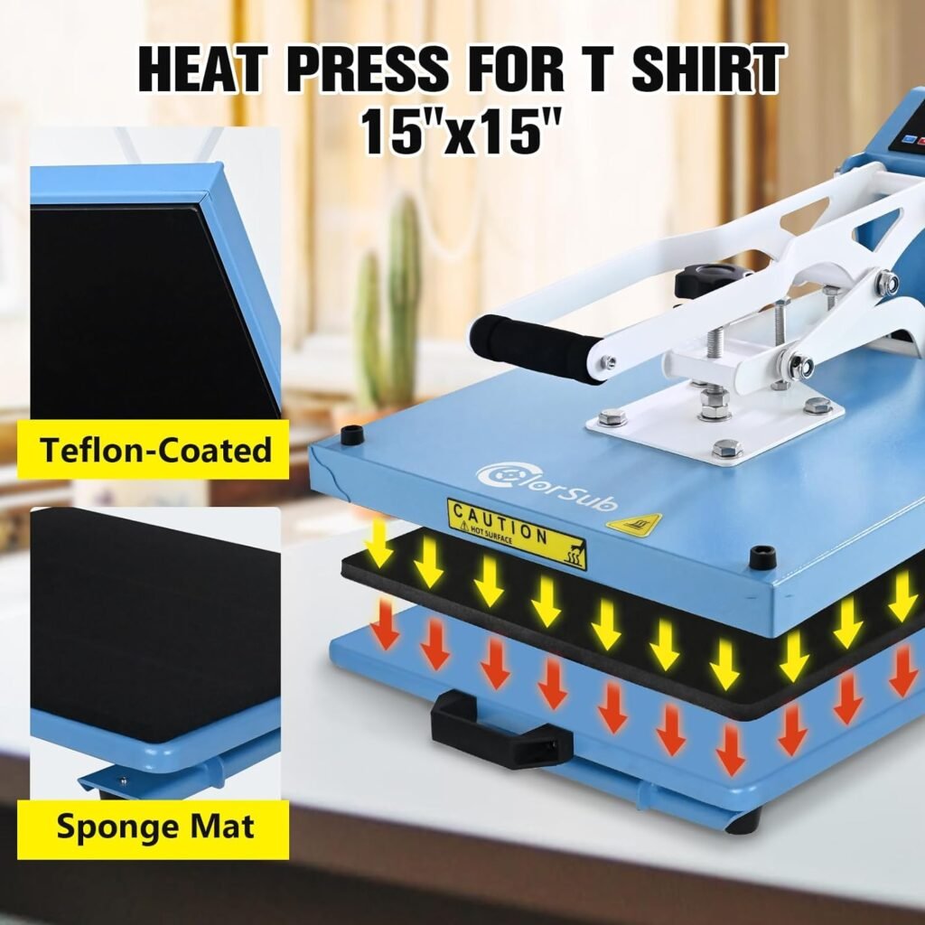 ColorSub Heat Press Machine for T-Shirt 15x15, Digital Industrial Quality Heat Press Machine Clamshell Transfer Sublimation Print Press Machine Blue