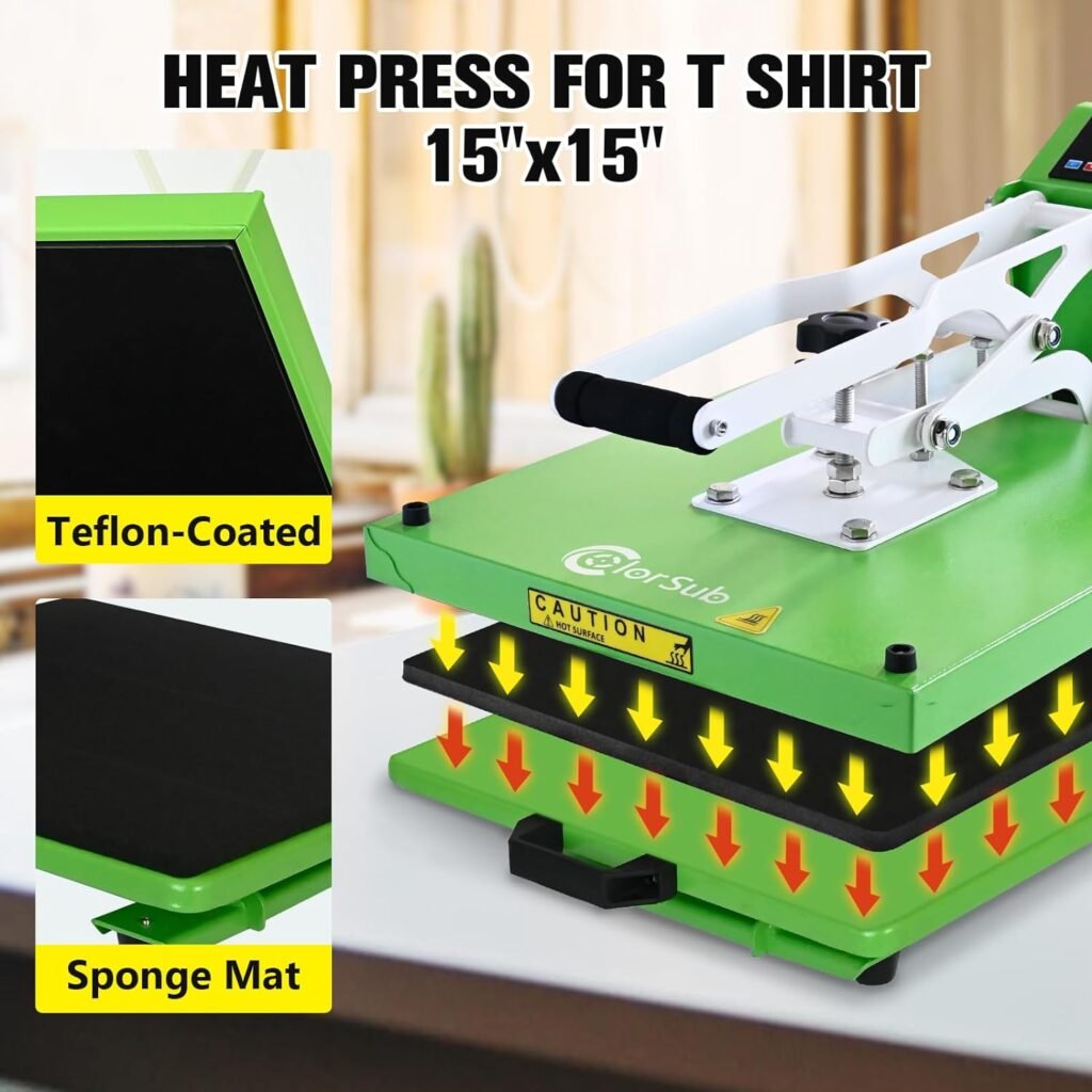 ColorSub Heat Press Machine for T-Shirt 15x15, Digital Industrial Quality Heat Press Machine Clamshell Transfer Sublimation Print Press Machine Green