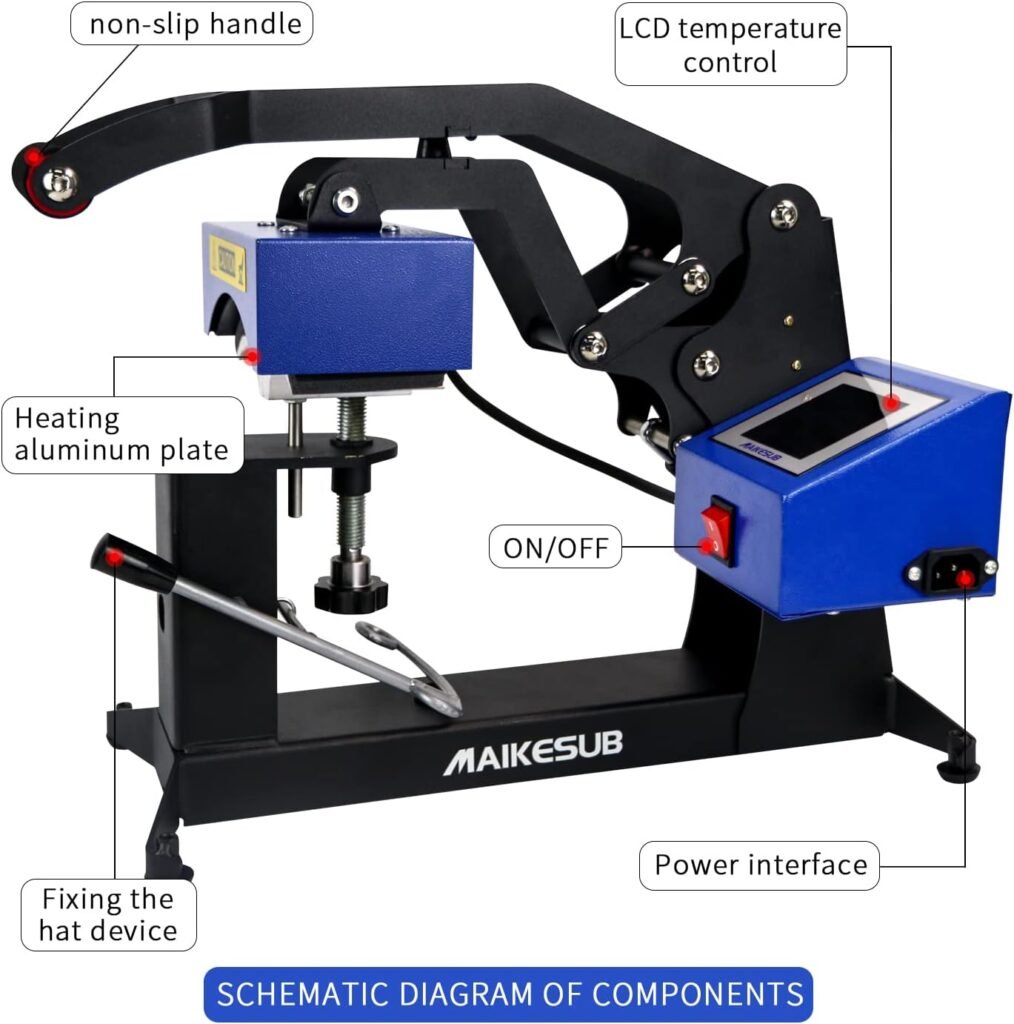 Hat Heat Press Machine 6x3.2Inch Curved Element Cap Heat Press Clamshell Design Heat Press for Hats Rigid Steel Frame No Stick Digital LCD Timer and Temperature Control