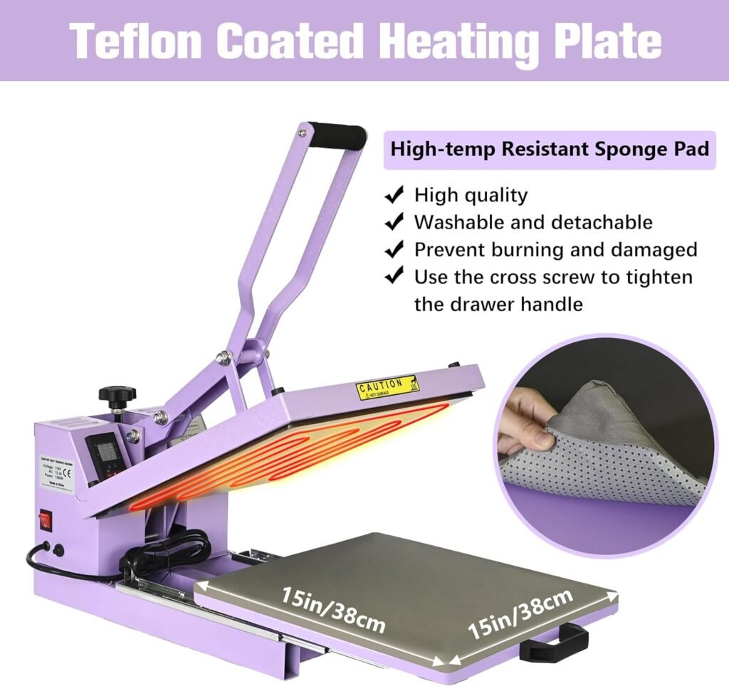 Heat Press 15x15 inch Industrial Quality Sublimation Heat Press, Slide Out Heat Transfer Machine for T-Shirt, Purple