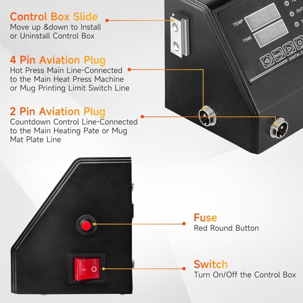 K Type Heat Press Control Box,Replacement Parts for 15x15 Heat Press,Thermal Transfer Temperature Time Dual Display Controller Machine,Heat Press Control Box for T Shirts、Short、Mug、Cup,1400W