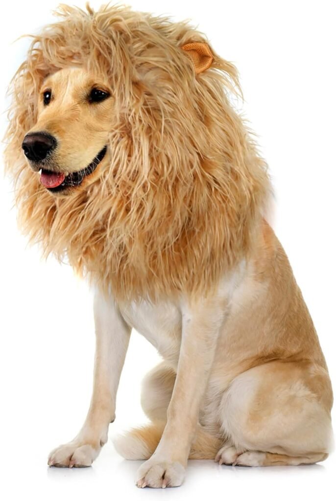 Onmygogo Lion Mane Wig for Dogs with Ears, Funny Pet Costumes for Halloween Christmas (Size L, Yellow)