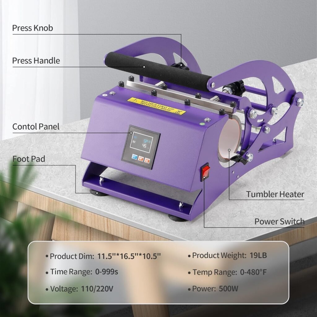 Tumbler Heat Press Machine, Mug Press for 30oz 20oz 16oz Straight Skinny Sublimation Tumblers, Cup Heat Press DIY 11-16oz Tumbler Press with Digital Temp and Time Setting, Dark Purple