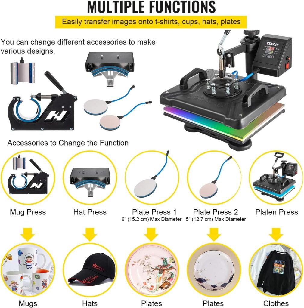 VEVOR 11 in 1 Heat Press, 12 x 15 Inch, Digital Dual-Tube Heat Press Transfer Machine, Multifunctional Clamshell Printer, Swing Away Sublimation Machine for T-Shirt Hat Cap Mug Plate Pen Shoes Black