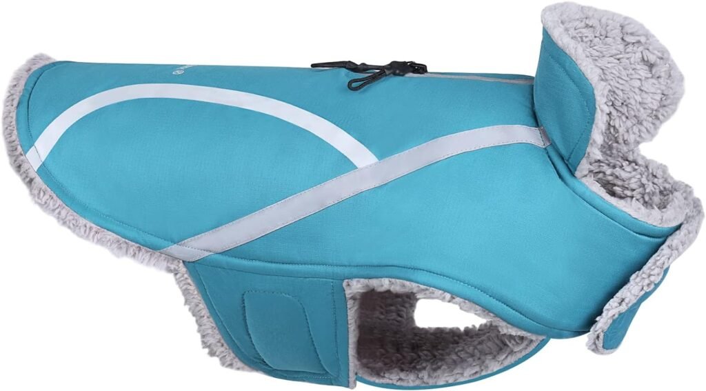 VIVAGLORY Cold Weather Dog Coat, Reflective Snow Proof Windproof Thick Warm Winter Dog Jacket Clothes with Furry Collar, Water Resistant Cozy Adjustable Pets Apparel for Medium Dogs, Turquoise, M