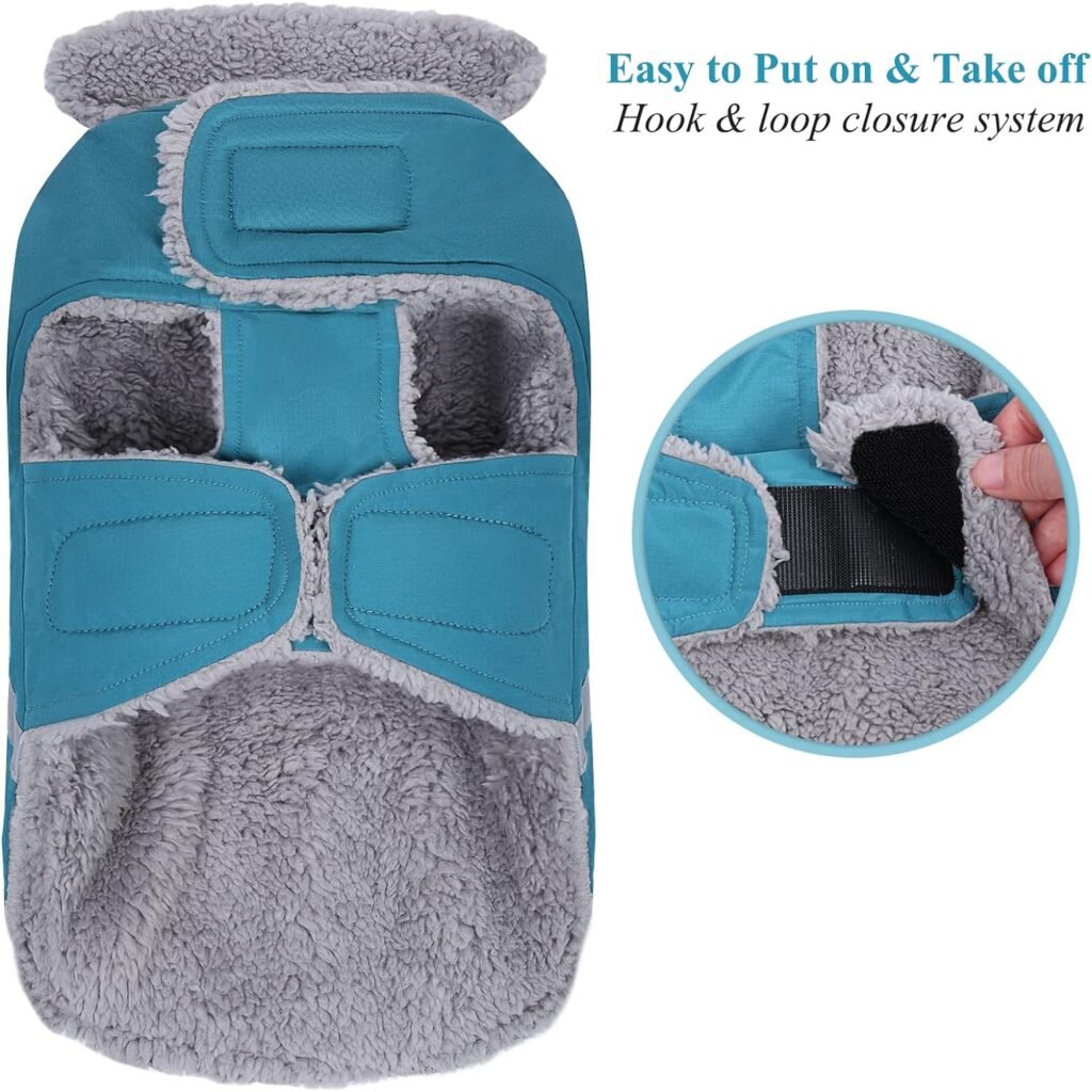 VIVAGLORY Cold Weather Dog Coat, Reflective Snow Proof Windproof Thick Warm Winter Dog Jacket Clothes with Furry Collar, Water Resistant Cozy Adjustable Pets Apparel for Medium Dogs, Turquoise, M