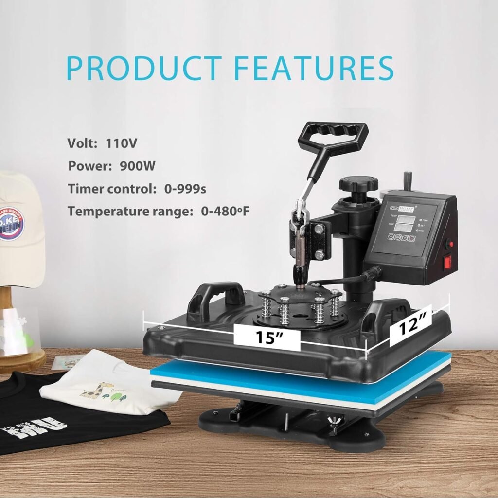 VIVOHOME 5 in 1 Combo Multifunctional Swing Away Clamshell Printing Sublimation Heat Press Transfer Machine for T-Shirt Hat Cap Mug Plate 12 x 15 Inch Blue and Black