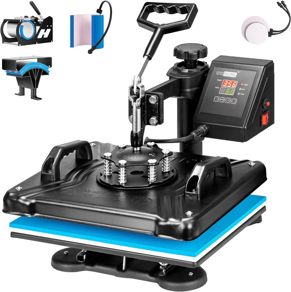VIVOHOME 5 in 1 Combo Multifunctional Swing Away Clamshell Printing Sublimation Heat Press Transfer Machine for T-Shirt Hat Cap Mug Plate 12 x 15 Inch Blue and Black