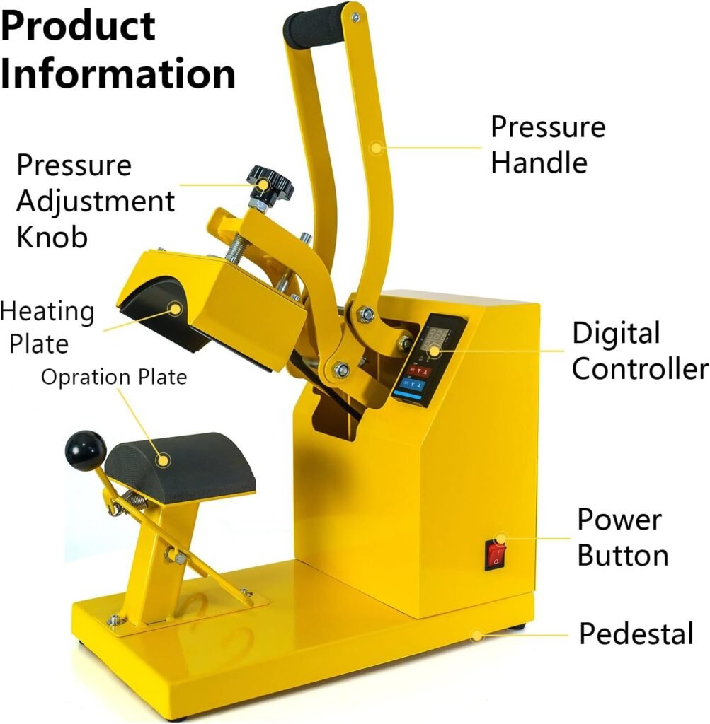 Cap Heat Press Machine Clamshell Design Rigid Steel Frame Curved Hat Press Digital LCD Timer and Temperature Control, Yellow