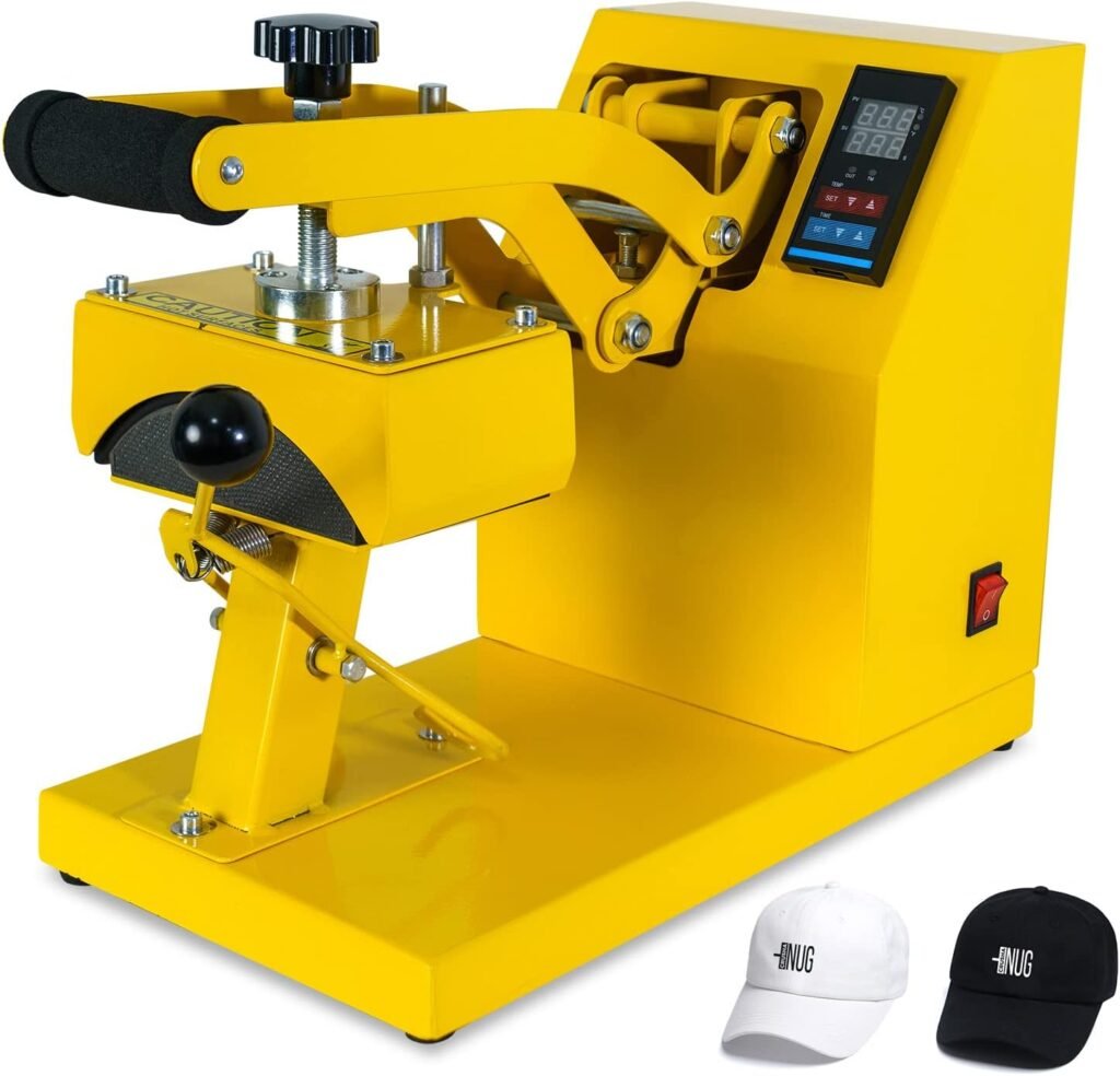 Cap Heat Press Machine Clamshell Design Rigid Steel Frame Curved Hat Press Digital LCD Timer and Temperature Control, Yellow