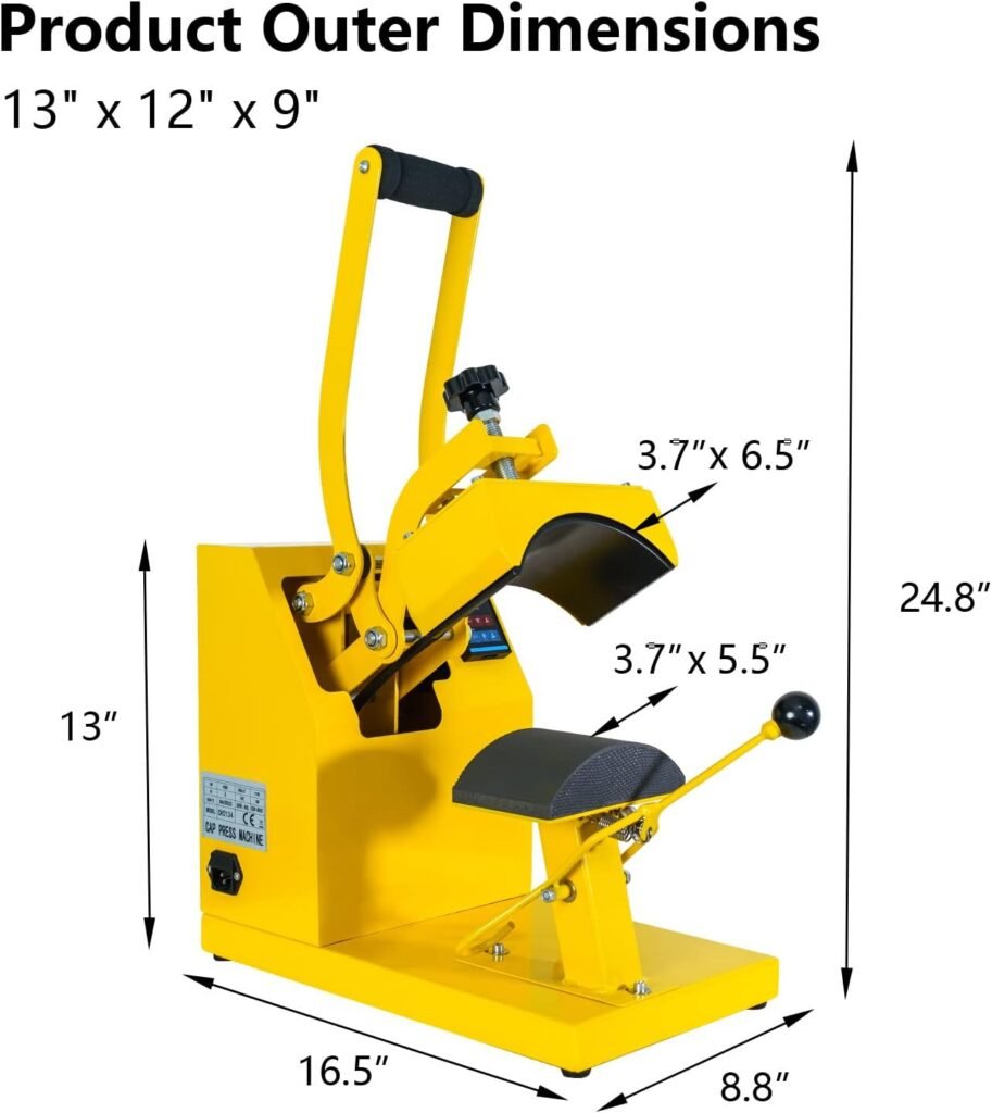 Cap Heat Press Machine Clamshell Design Rigid Steel Frame Curved Hat Press Digital LCD Timer and Temperature Control, Yellow