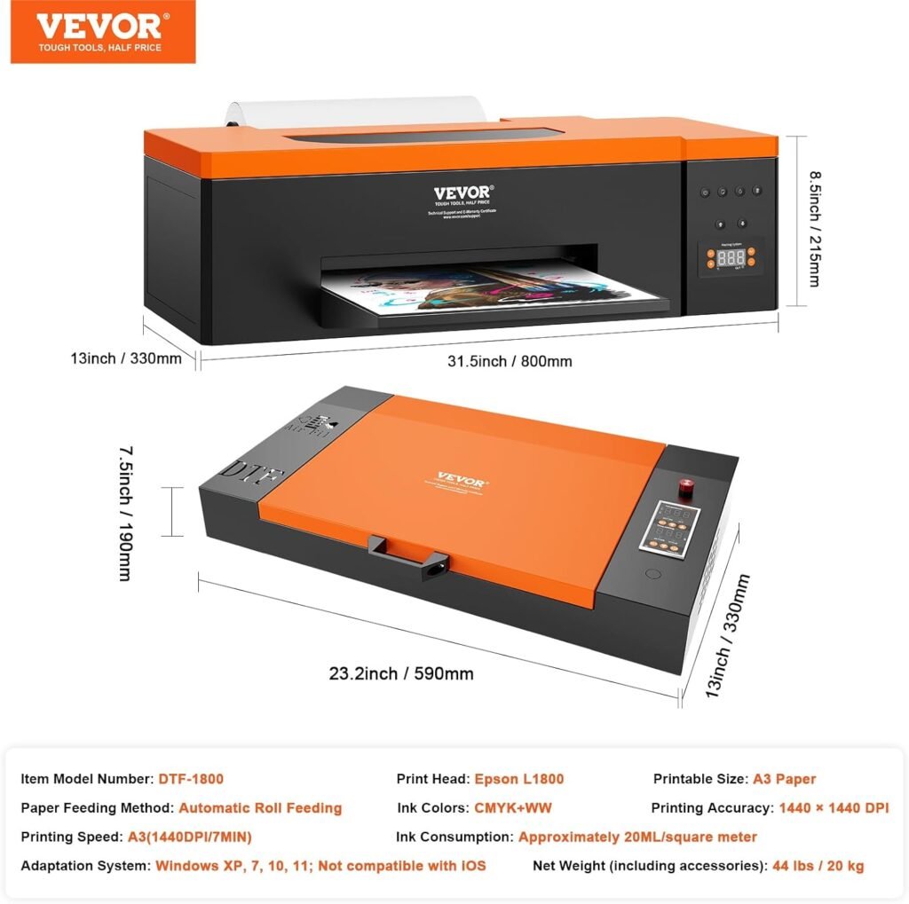 VEVOR DTF Printer, A3 DTF Transfer Printer with Roll Feeder, L1800 T-Shirt Printing Machine with Oven, Ink, DTF Film, White Ink Circulation System for DIY Print Dark and Light Fabrics Clothing