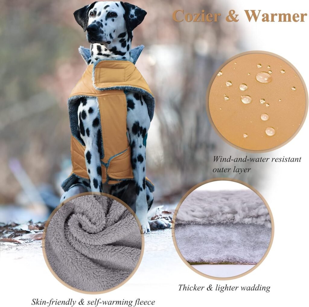 VIVAGLORY Warm Winter Dog Coat, Reflective Safety Cozy Fleece Adjustable Dog Cold Weather Cloth, Water Resistant Windproof Snow Proof Dog Jackets Vest Pets Apparel for Small Dogs, Khaki, XS