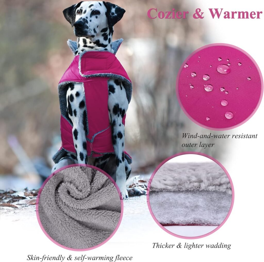 VIVAGLORY Cold Weather Dog Coat, Reflective Snow proof Windproof Thick Warm Winter Dog Jacket Clothes with Furry Collar, Water Resistant Comfortable Adjustable Pets Apparel for Medium Dogs, Fuchsia, M