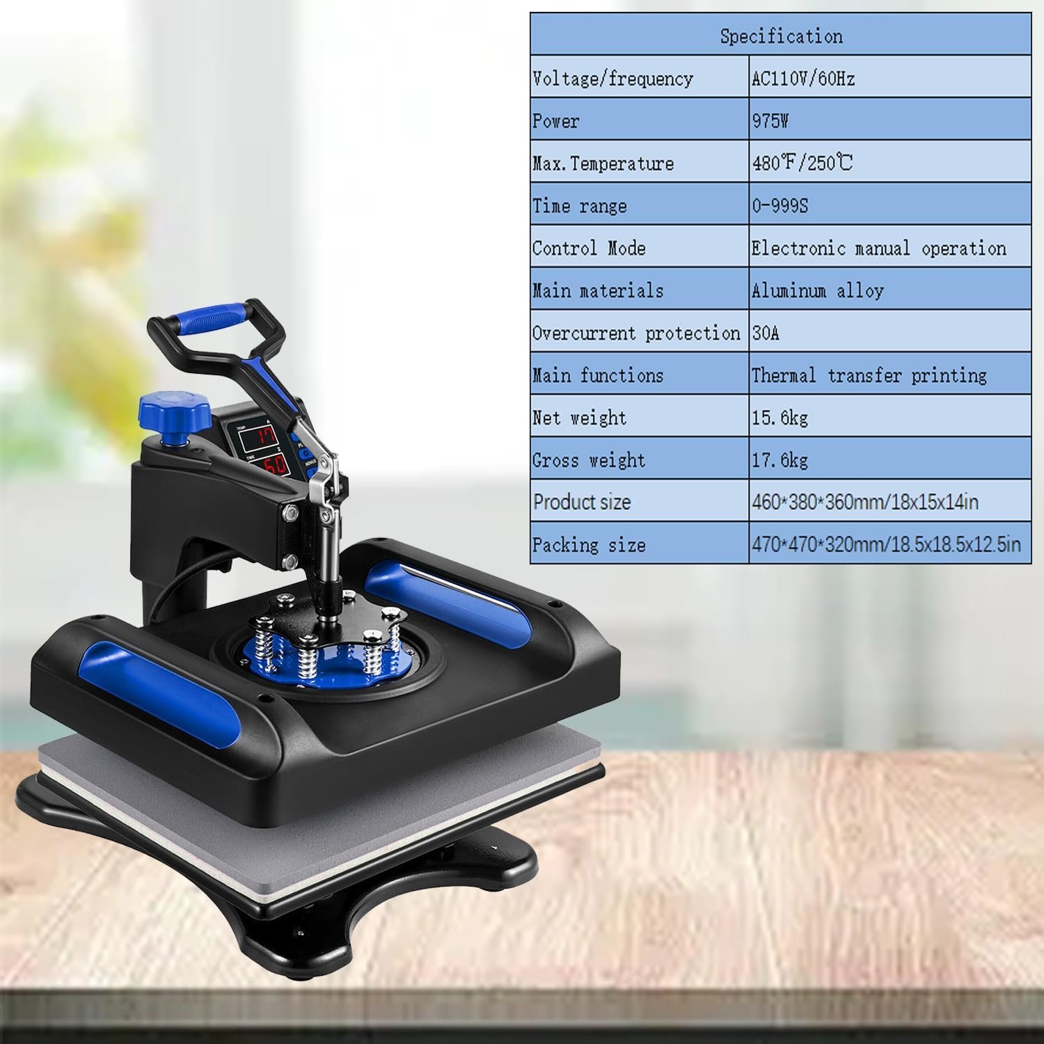 Heat Press Machine 15x15in, Assemble 5 in 1, Fast-Heating, 360 Swing Away, Digital Control Multifunction Sublimation Combo, Blue