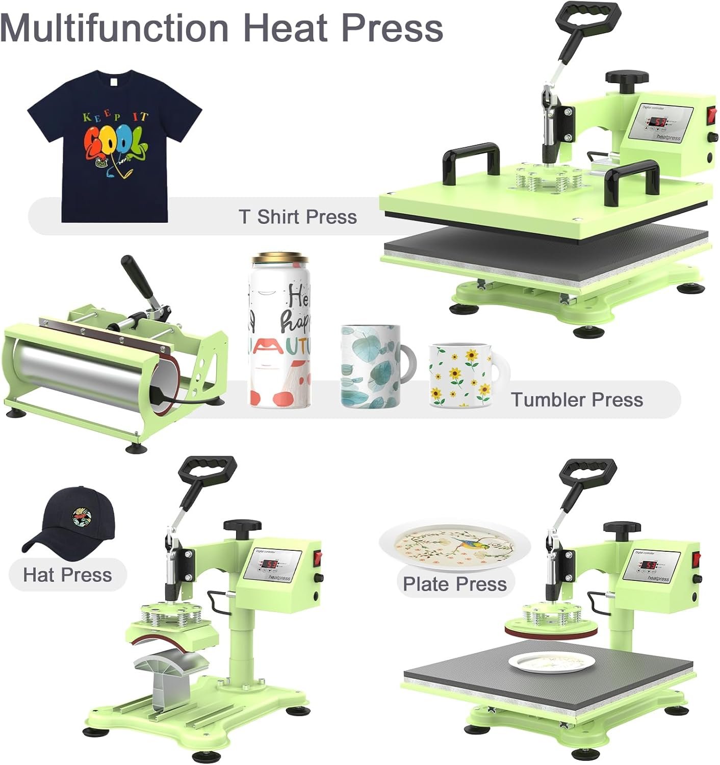 Heat Press Machine 15x15,5-in-1 Heat Transfer Machine with 30oz Tumbler Press Attachment,360 Degree Swing Away Heat Press for T-Shirts,Tumblers,Cans,Mugs,Hats, Plates