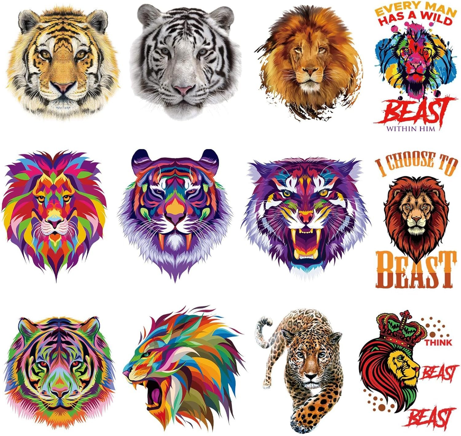 12Pcs Tiger Lion Iron On Decals for DIY Heat Transfer Clothes T-Shirt Thermal Stickers Animal Patches Iron On Stickers for Clothing Small Size