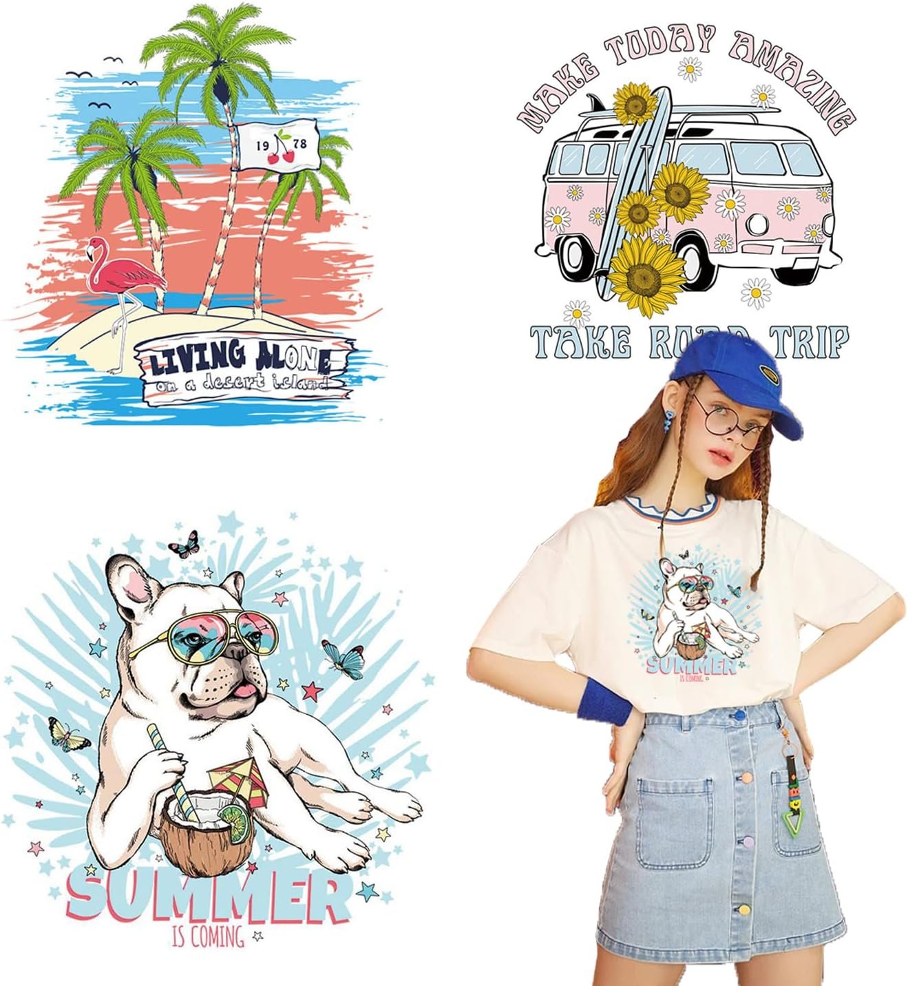 Summer Iron on Patches Cute Beach Style Iron on Vinyl Stickers Coconut Trees Cars Daisies Dogs Flamingos Pattern Summer Heat Transfer Decals DIY Decor Patches for Hat T-Shirt Pillow Hoodie 3Pcs