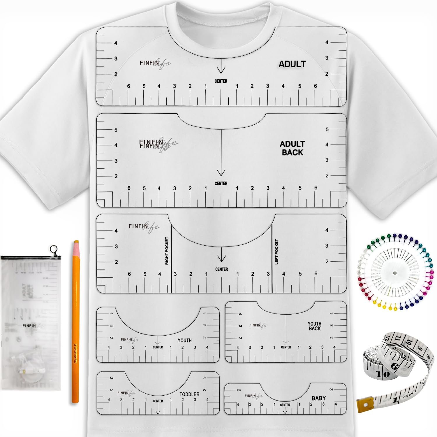 Tshirt Ruler-9Pcs, Tshirt Ruler Guide for Vinyl, Shirt Alignment, Center Designs for Heat Press, Transparent Tee Ruler for Infant Toddler Youth Adult, Front and Back Measurement