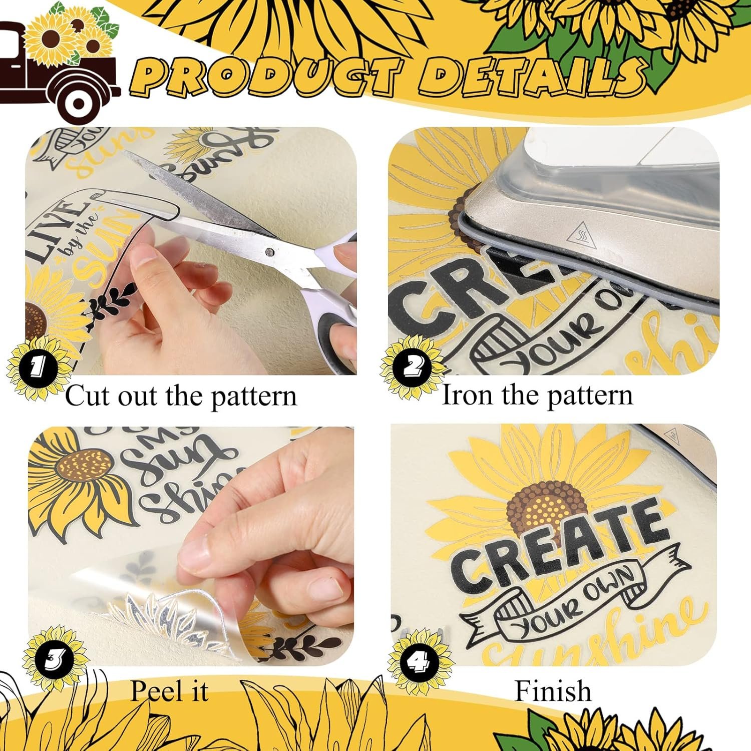 12 Sheets Sunflower Iron on Transfers Patches Decals for T Shirts Summer Flower Iron on Applique Sunflower Decor Stickers for Clothing Jackets Hoodies Bag Pillow Covers DIY Decoration