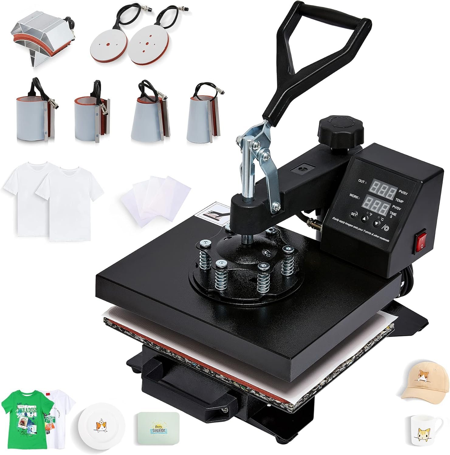 CO-Z Heat Press Machine, 8 in1 Swing Away Flat Plate Cap Mug Press Set, Professional Heat Press for T Shirts Hats Bags Tile More, Shirts Transfer Paper Incl. (12x10 inch)