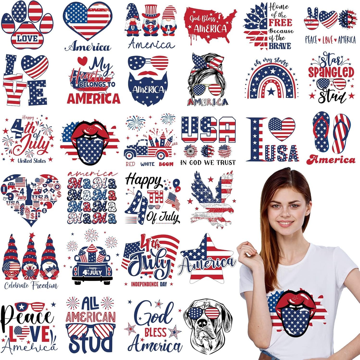 Estune 30 Pcs Patriotic Iron on Transfers 4th of July Iron on Decals Patches Appliques Heat Transfers Vinyl Cute Memorial Day Decals for Clothes Bag Pillow Covers DIY(Bright Flag Style)