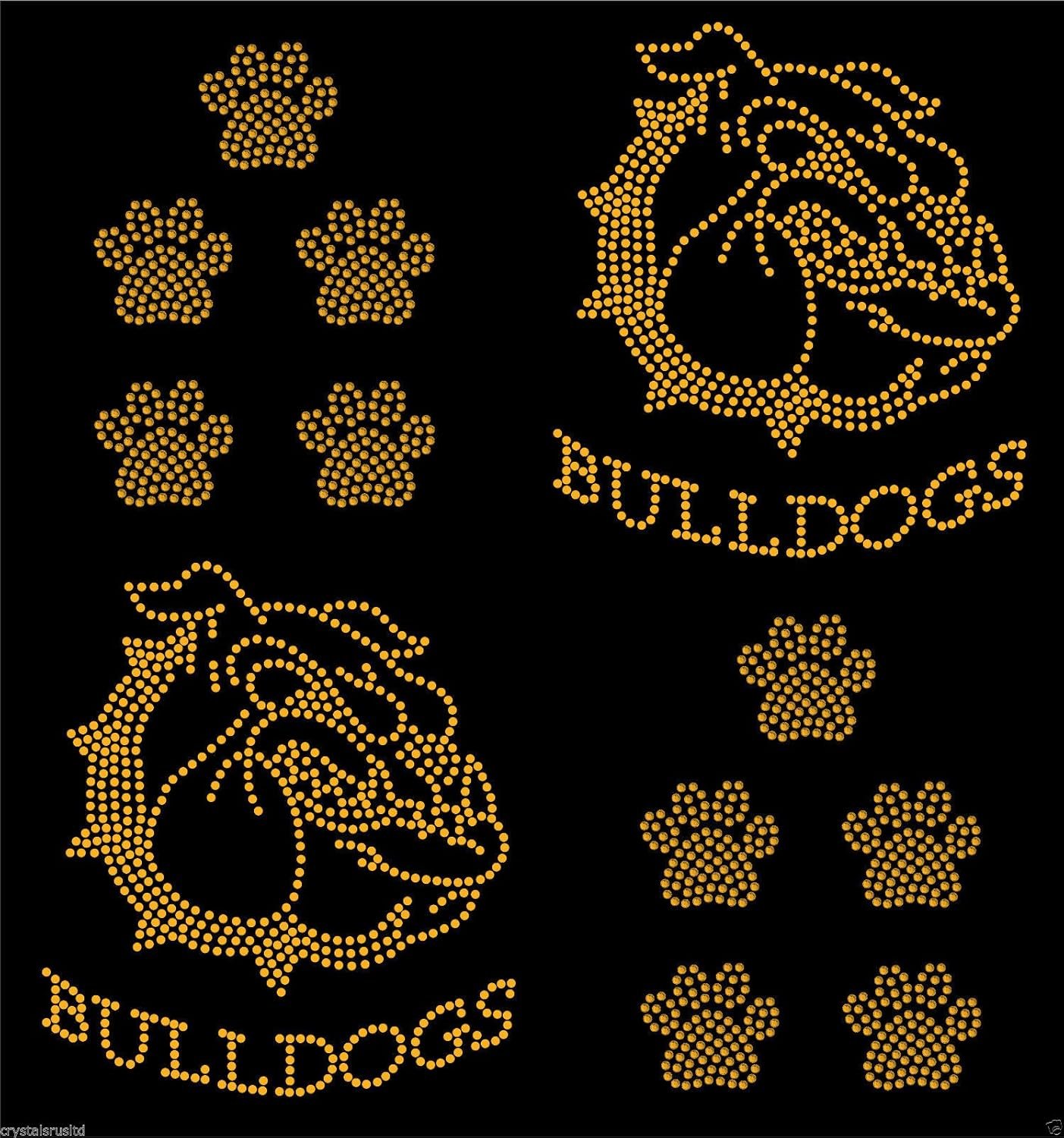 Gold 2X Bulldog face + 10 Dog paw Prints Iron on Rhinestone Transfer Crystal hotfix t-Shirt Transfer