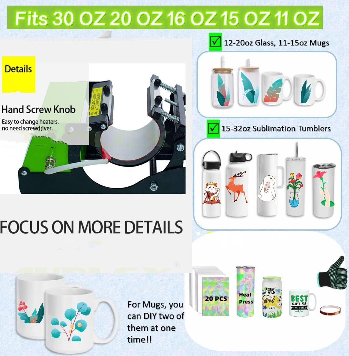 Tumbler Heat Press Mug Press Sublimation Machine 110v Mug Press for 11 oz 15 oz 20 oz 30 oz Straight DIY Sublimation Tumblers Ceramic Mugs with Heat Resistant Gloves 1 Tapes 20 Sheets Paper