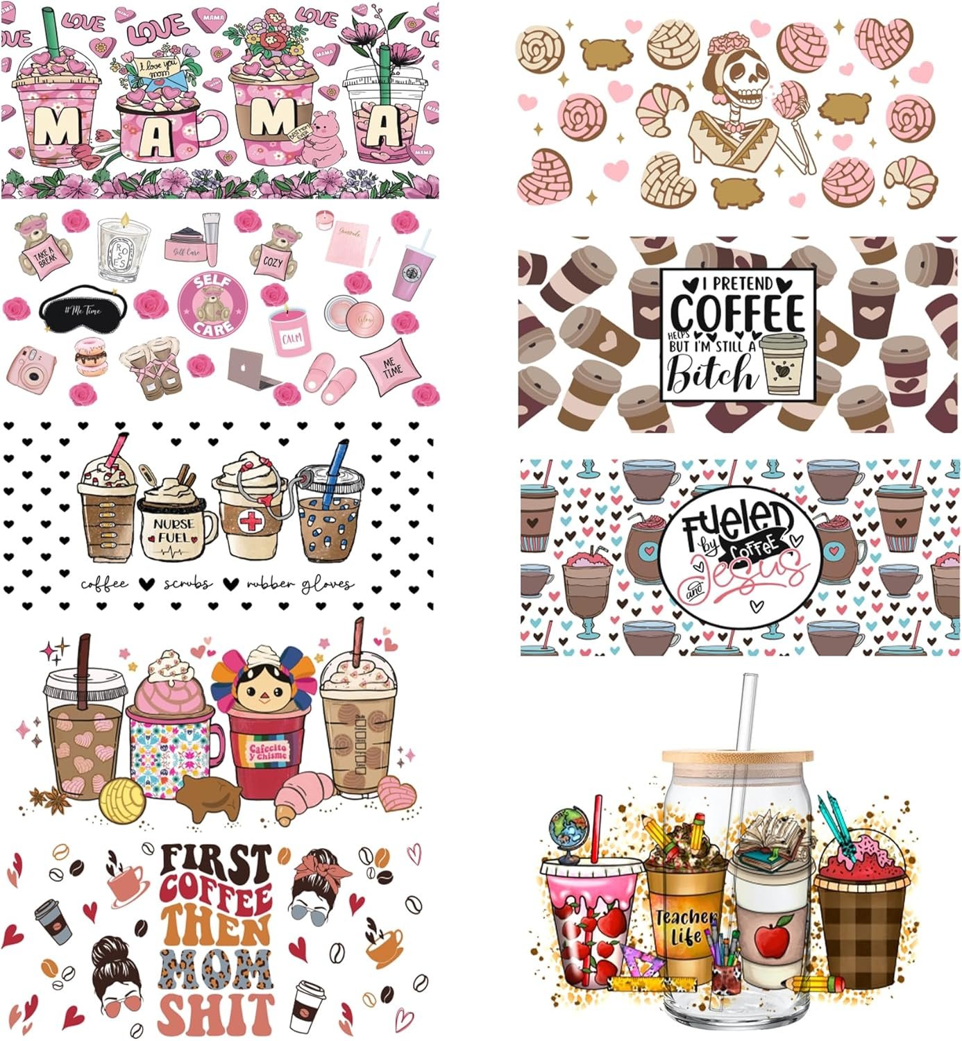 UV DTF Cup Wrap, 9Sheets Mama Coffee Cup Rub on Transfers for Crafting UV DTF for 16OZ Libbey Glass Cups UV DTF Cup Wrap Transfer Cup Stickers Decals Waterproof Rub on Transfers for Crafts Vintage